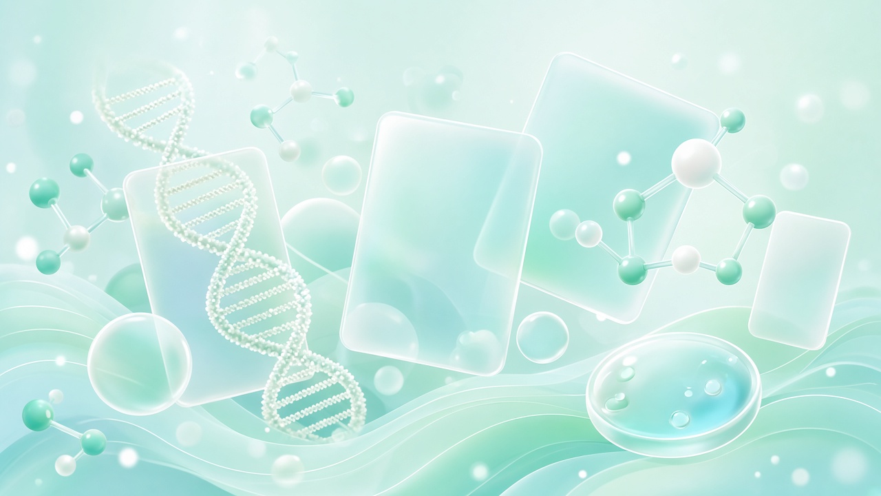 AETHERBIO 추상 일러스트 — 민트·티얼 유리 패널과 분자 모티브